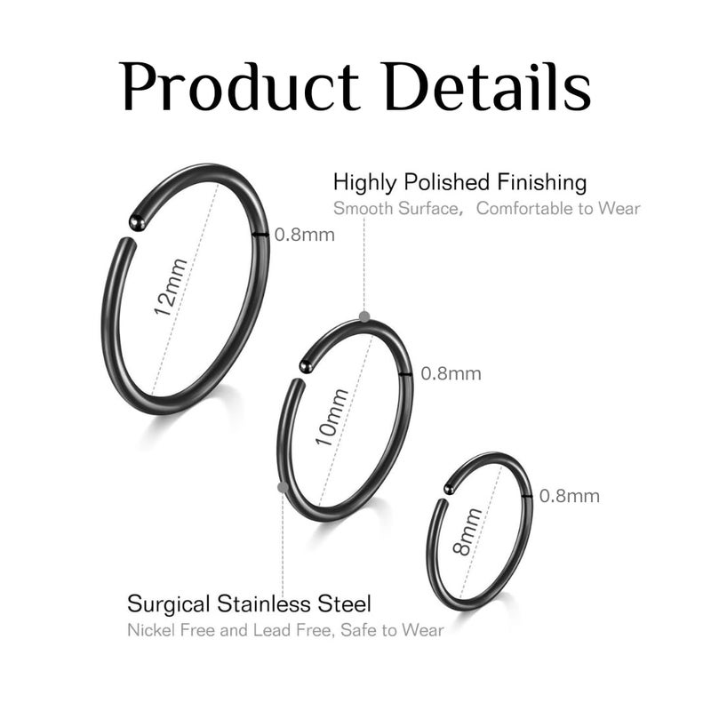 FECTAS Nose Rings Hoop Nose Ring Surgical Steel 20g Gauge 8mm 10mm 12mm Piercing Hoops Jewelry Black - Image 3